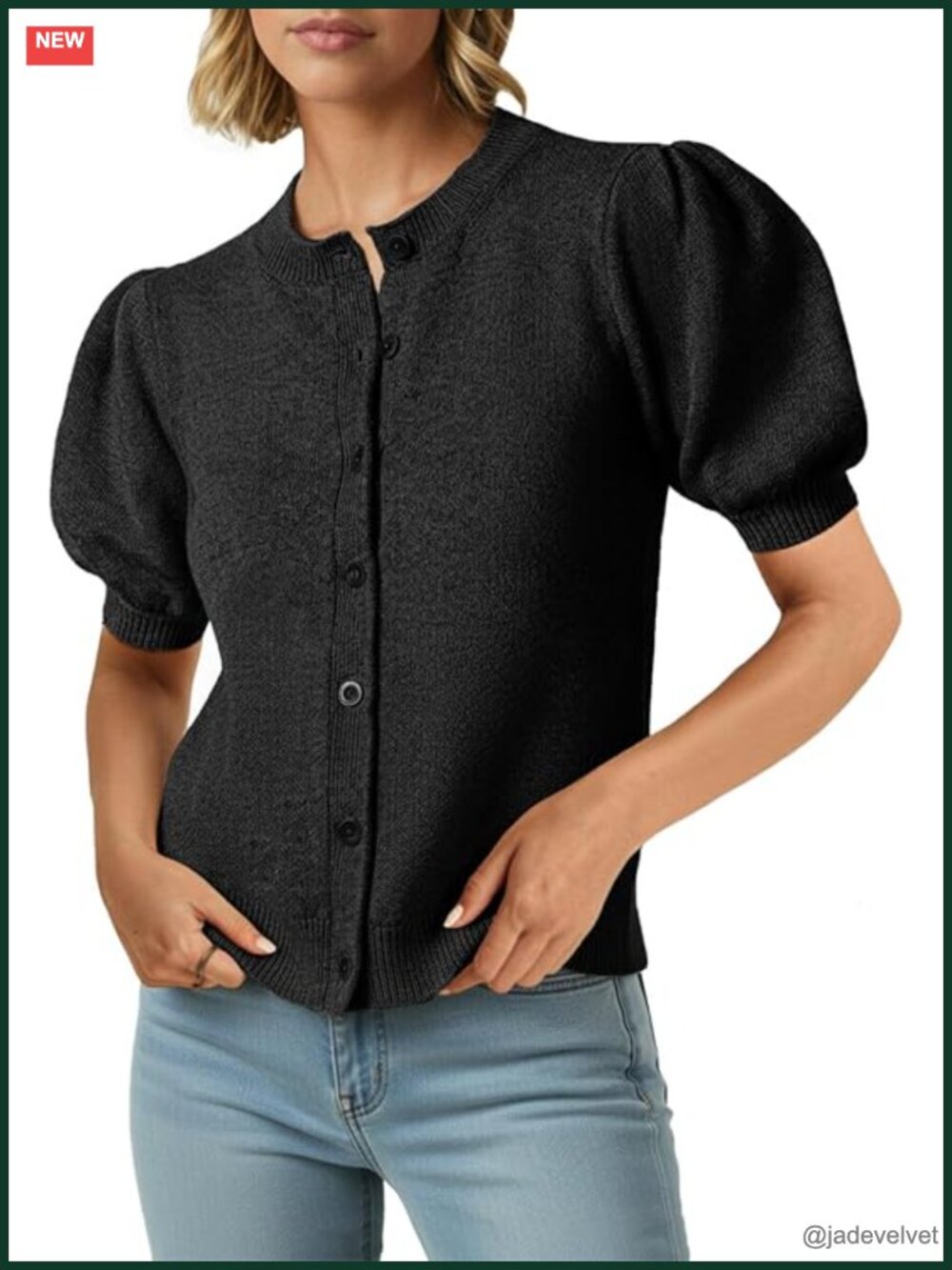 Lightweight Puff Short Sleeve Cardigan Button Down Crew Neck Summer Knit Top